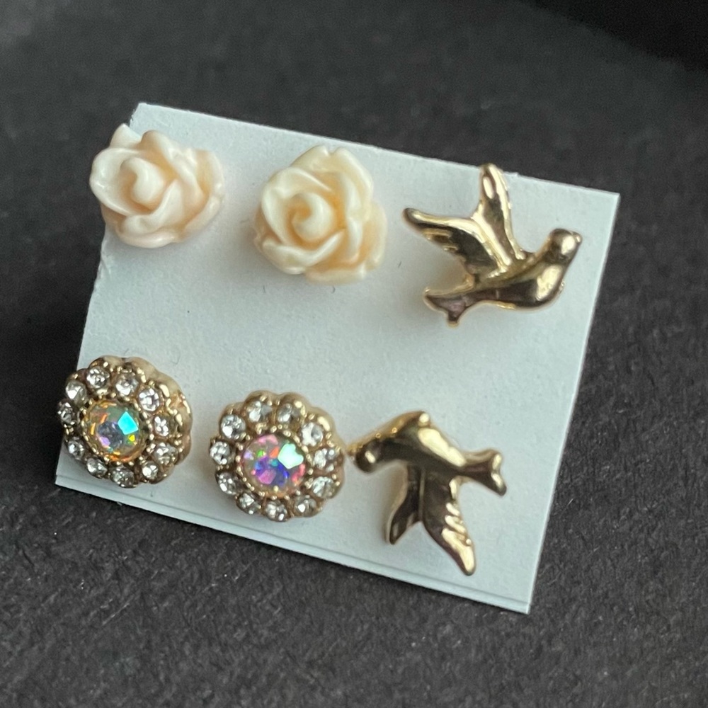 3 pairs of stud earrings flowers doves crystal new